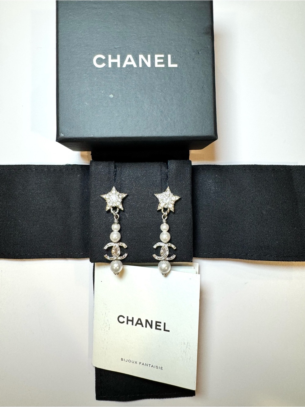 Chanel Silver Tone Crystal CC Pearl & Star Drop Earrings With Box